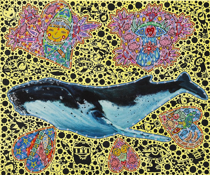 HiroGeTai「幸せ探しの旅」 （油彩・水性アルキド樹脂絵具・アクリル・ポスカ・ペン・キャンバス、F8号、額装）