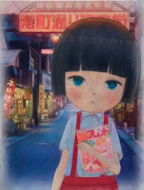 Akko-chan’s Secret Sunset Time, 2023　Acrylic, oil pastel and pencil on canvas 65.2×50.0cm
