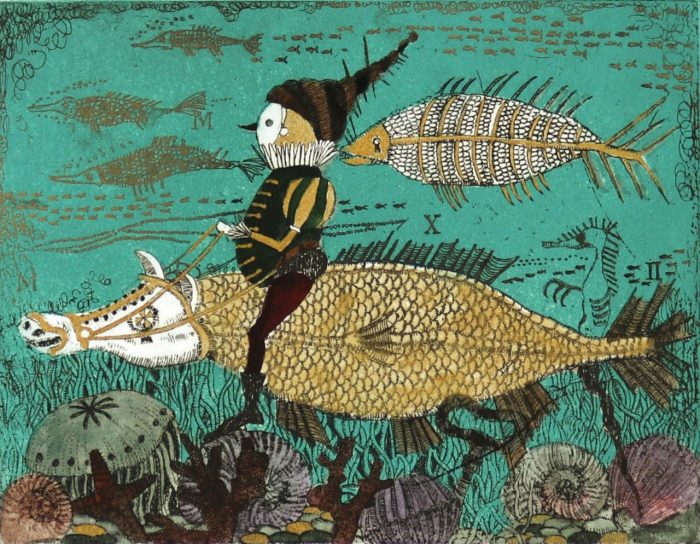 「幸せを運ぶ人と大喰いする海水魚ーエメラルドの海ー」

銅版画、手彩色　10×13cm