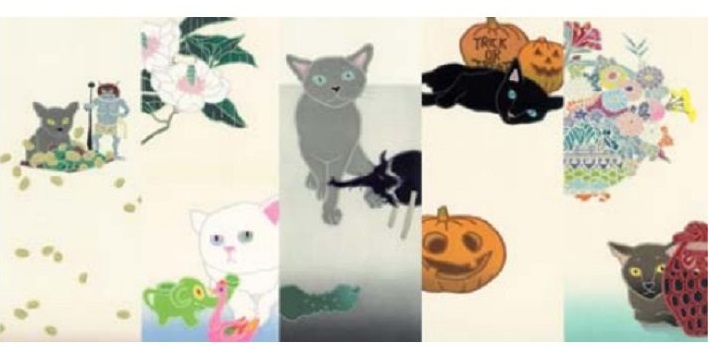 ミヤケマイ【B 面の猫 - 如月、水無月、葉月、神無月、霜月】(5点セット)木版画(41.5×16.0cm)

