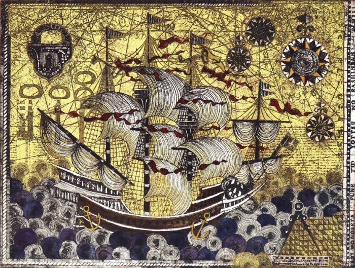 「鍵をのせた船と4つの羅針盤」

銅版画、金箔、手彩色　22.7×30cm