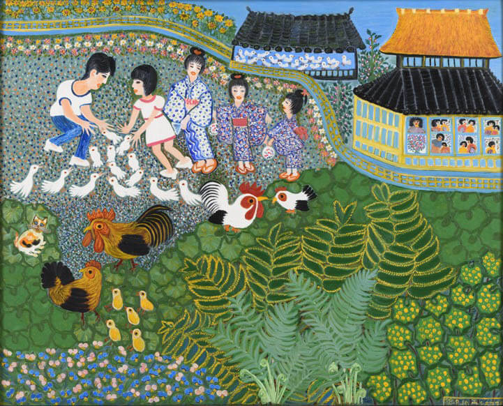 塔本シスコ「古里の家（シスコ、ミドリ、シユクコ、ミア、ケンサク）」1988年　キャンバス、油彩

