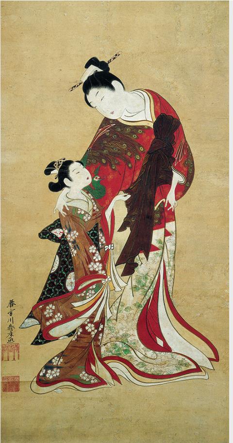 宮川春水《太夫と禿図》紙本着色、一幅、宝暦～明和（1751～72）頃、当館蔵


