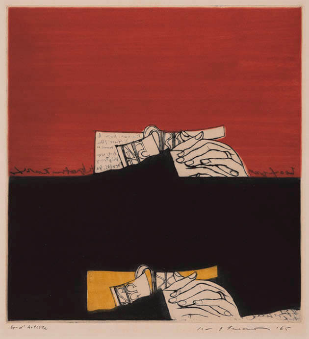 池田満寿夫《聖なる手1》1965年　ドライポイント、ルーレット　広島市現代美術館

