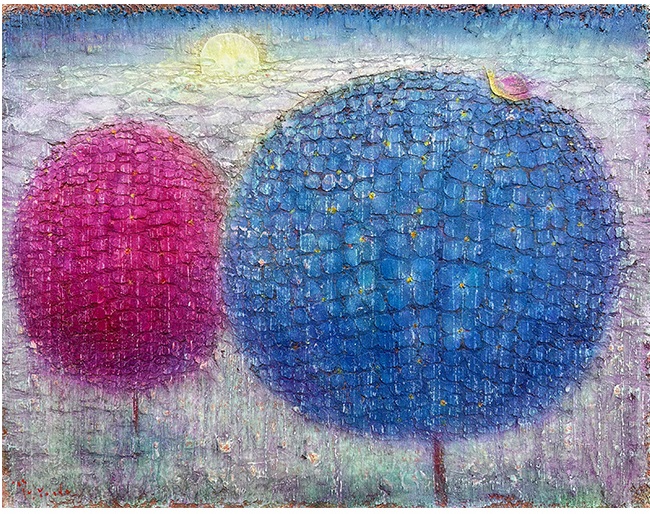 「太陽と紫陽花二輪に蝸牛」
油彩・キャンバス
P10号
2023年