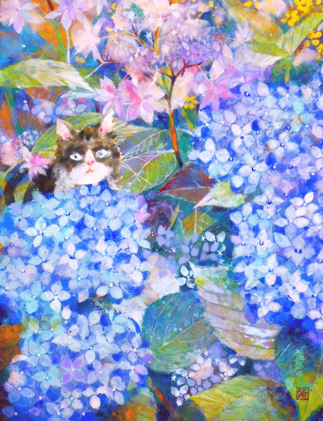 あじさいと猫」
日本画、F6号