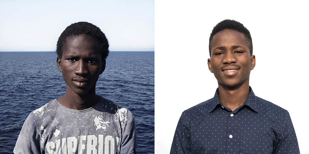 ギニア・コナクリ出身のアルファ。（1999年生）。
左：2016年8月1日、地中海の救助船上で撮影。
右：2019年2月8日、イタリア・ラマッカで撮影。
© César Dezfuli