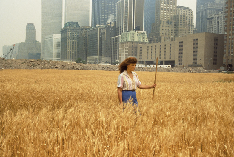 アグネス・ディーンズ 《小麦畑̶対立：バッテリー・パーク埋立地（マンハッタン、ダウンタウン）―小麦畑に立つアグネス・ディーンズとともに》 1982年 Courtesy: Leslie Tonkonow Artworks + Projects（ニューヨーク） 撮影：John McGrail