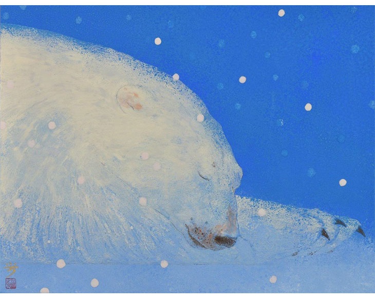 雪音
サイズ：10号

雪に降られ穏やかに眠るシロクマ。雪の絵ながら心あったまる松岡ワールドが広がります。