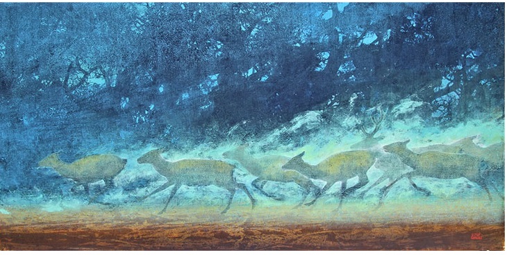 「風の中に」
サイズ：30号変形

アラスカで描いた逸品。数百頭ものカリブ－やトナカイの群れを追って大自然の森深くに入り探索。