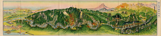 御嶽昇仙峡（金子常光鳥瞰図）
昭和2年（1927）
当館蔵（甲州文庫）・個人蔵
鳥瞰図を数多く手掛ける金子常光による作画で制作された観光パンフレット。