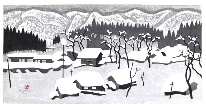 「会津の冬(34) 」1978年 木版画 45×89.5㎝