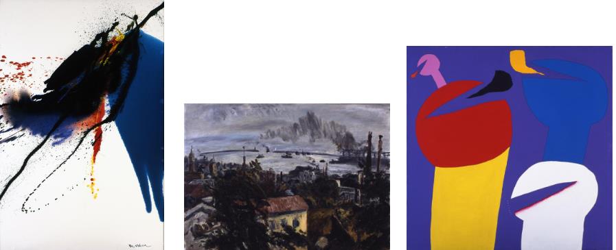 左から
中右　瑛《シェリト・リンド》2004年　油彩・キャンバス　130.3×119.4㎝
古家　新《港の展望》1954年頃　油彩・キャンバス　72.8×100.0㎝
元永定正《作品 F-004》1970年　アクリル・キャンバス　91.5×91.6㎝