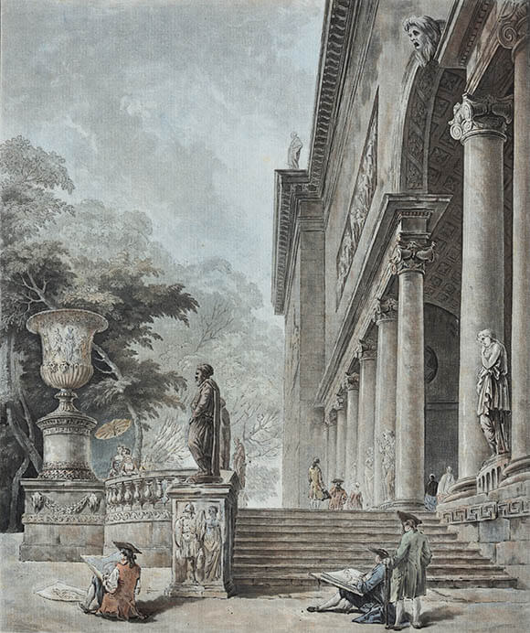 ユベール・ロベール（原画）、ジャン＝フランソワ・ジャニネ（版刻）、《メディチ家の館の柱廊と庭園》1776頃、
水彩画法エッチング、エングレーヴィング、町田市立国際版画美術館

