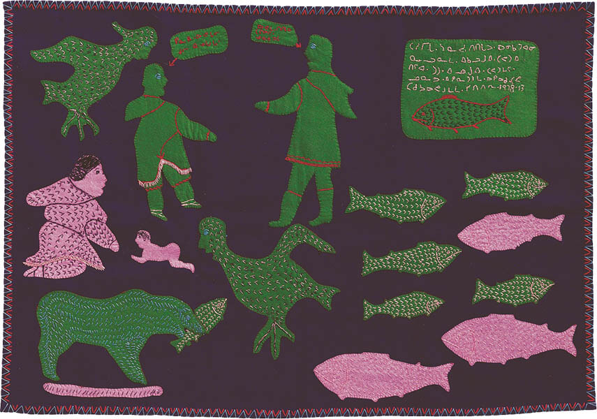 サラ・イヌクプク《ダッフル製壁掛け〈お魚の話をするイヌイット〉》北海道立北方民族博物館蔵

