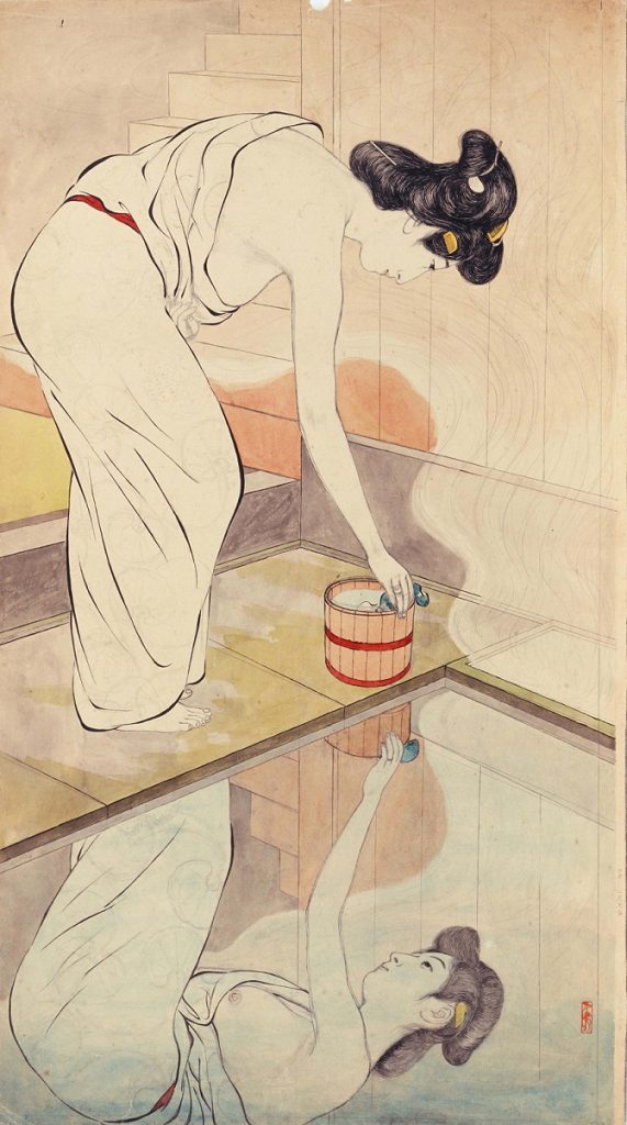 橋口五葉《温泉宿の女（下絵）》1920年 墨、水彩
