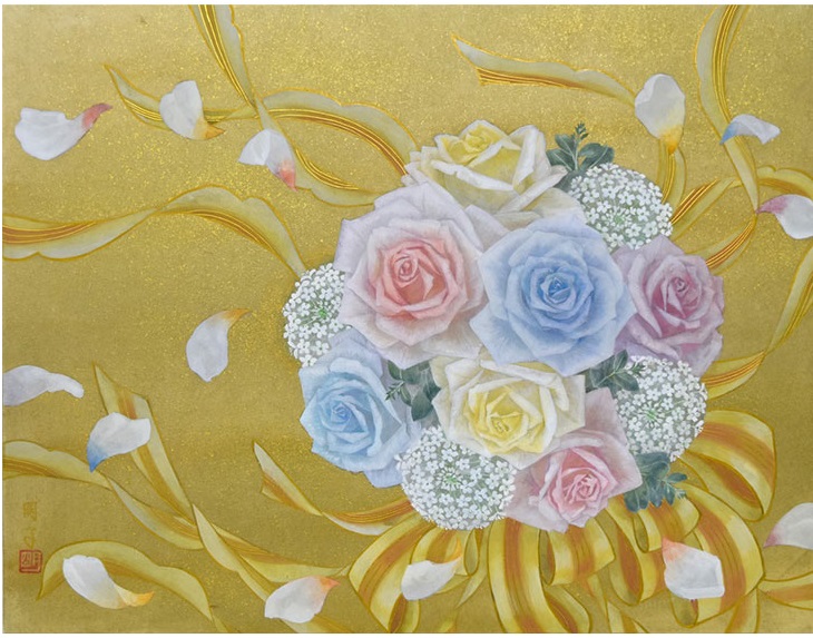 岩田 明子「春風の花束」
サイズ：6号
顔彩、絹本