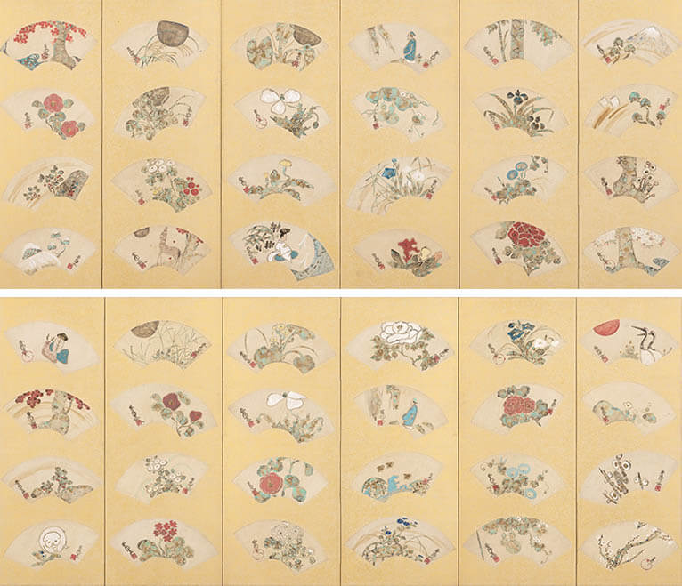 中村芳中 《 花鳥人物扇面貼交屏風 》 上： 右隻／下：左隻
江戸時代中期～後期／福田美術館蔵