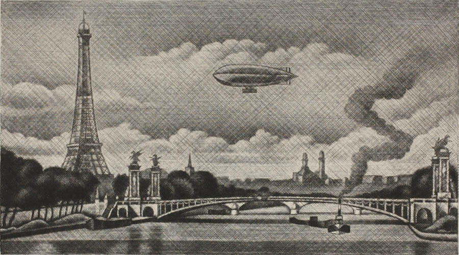 長谷川潔《アレキサンドル三世橋とフランスの飛行船》1930年、メゾチント、町田市立国際版画美術館

