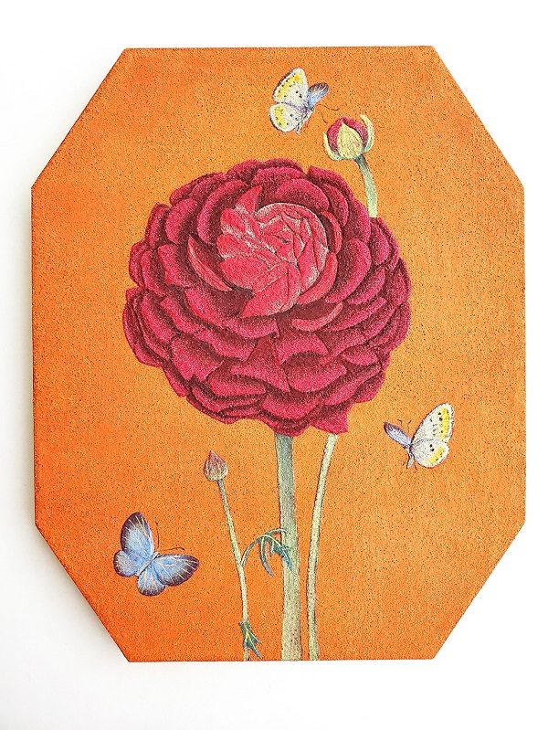 「ラナンキュラスと蝶々」 岩絵具、金泥 20 × 16 cm