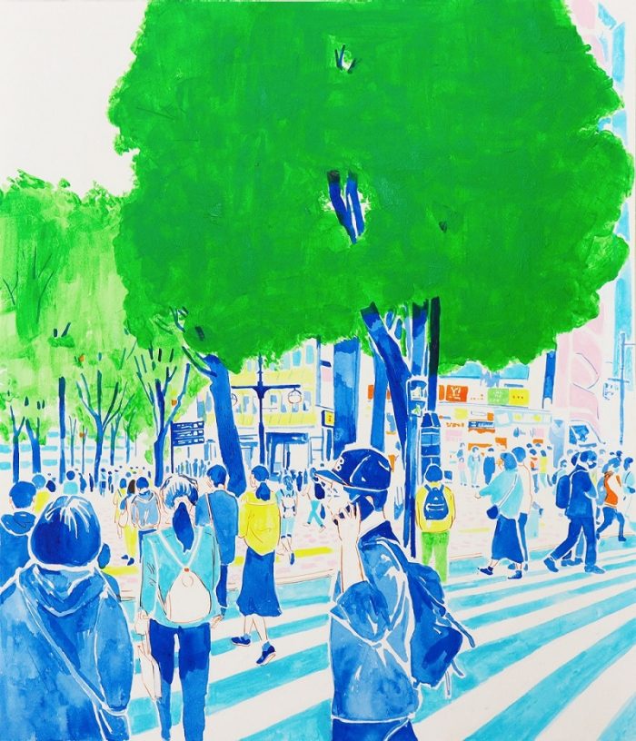 「木が大きい①」 紙にアクリル、カラーインク 53 × 45 cm