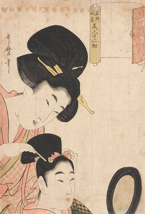初代喜多川歌麿《名所風景美人十二相　結髪》大判錦絵　享和期（1801-03）頃

