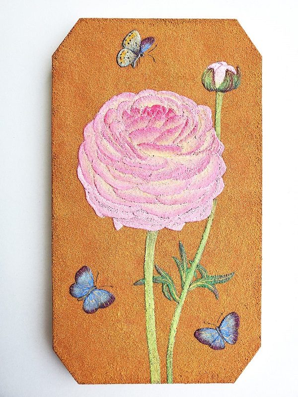 「ラナンキュラスと蝶々」

岩絵具、金泥

21 × 12 cm