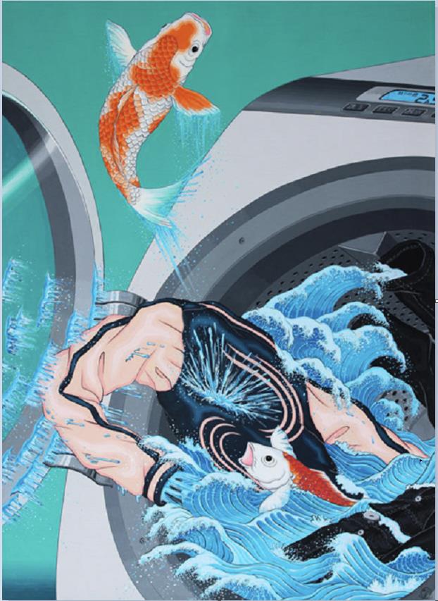 《家電図 ドラム式洗濯機から錦鯉～落葉時雨～》
2023年
アクリル、キャンバス
Ｗ53×H72.7×D2 cm