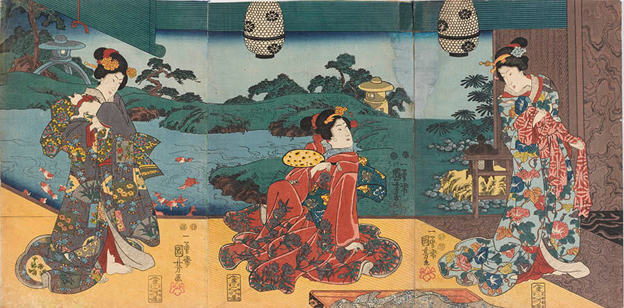 歌川国芳《池の金魚とねこ》大判錦絵三枚続　嘉永4年（1851）頃