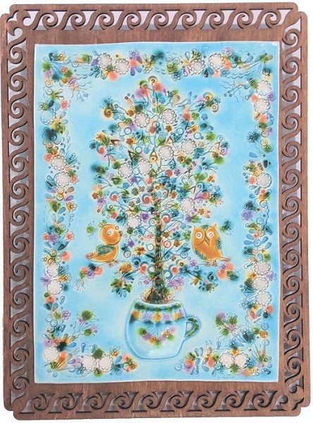 「生命の樹～鳥とふくろう～」タイル画、縦38.5cm×横28.5cm