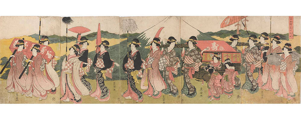 初代歌川豊国《富士額花の行列》大判錦絵五枚続　文化（1804-18）中期

