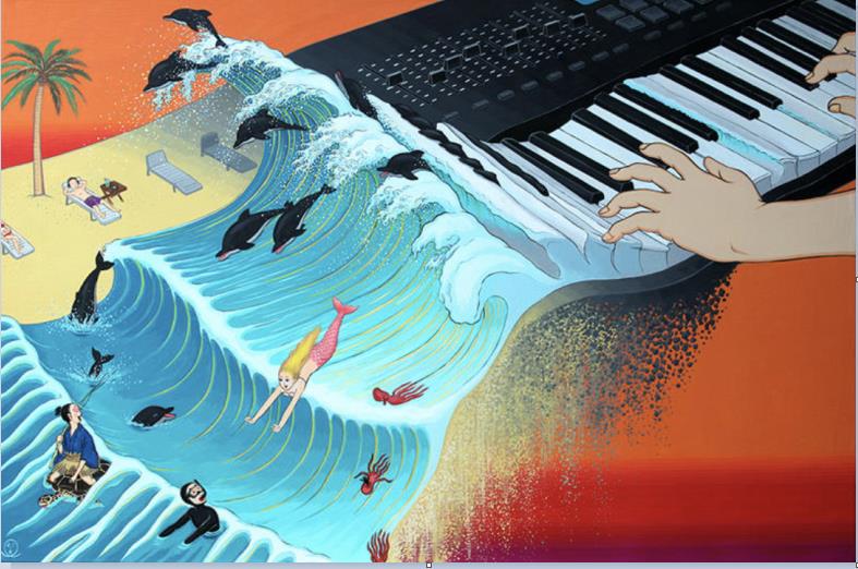 《家電図 鍵盤から放たれる波》 2023年 アクリル、キャンバス Ｗ80.3×H53×D2.5 cm