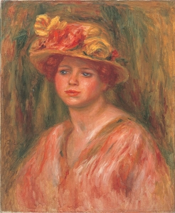 ピエール＝オーギュスト・ルノワール　　　　　　　　　
《赤いブラウスを着た花帽子の女》　
1914年　油彩・キャンバス　
吉野石膏美術振興財団所蔵（山形美術館寄託）