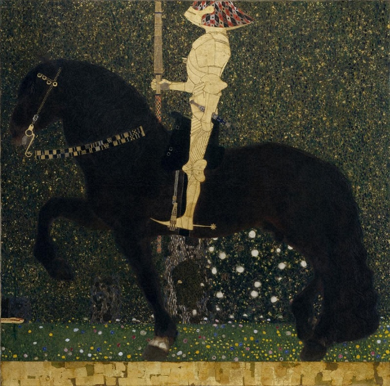 グスタフ・クリムト《人生は戦いなり（黄金の騎士）》 油彩・テンペラ・金箔、画布　1903年
