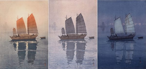 「瀬戸内海集　帆船　（左から朝、霧、夜）」 𠮷田　博   1926 (大正15)年

