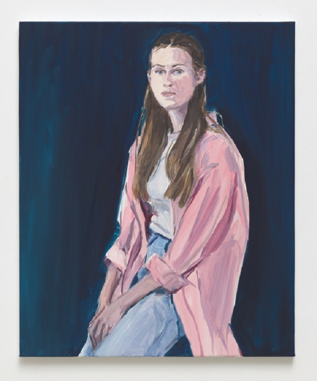 Jean-Philippe Delhomme, Sofia with pink shirt, 2023. Oil on canvas, wood frame. Framed: 65 x 54 cm | 25 9/16 x 21 1/4 inch. Courtesy of the artist and Perrotin.