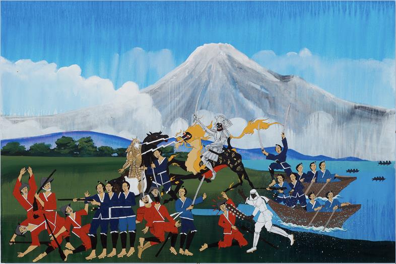 Umar Rashid, A sanguine springtime in Shizuoka. Fuji-san wept. / (The rebels attack the Bakufu government forces and Kagetora wins a stunning victory for the Righteous Order of the Kirin.) 1799, 2023, acrylic and ink on canvas, © Umar Rashid, Photo: Evan Walsh