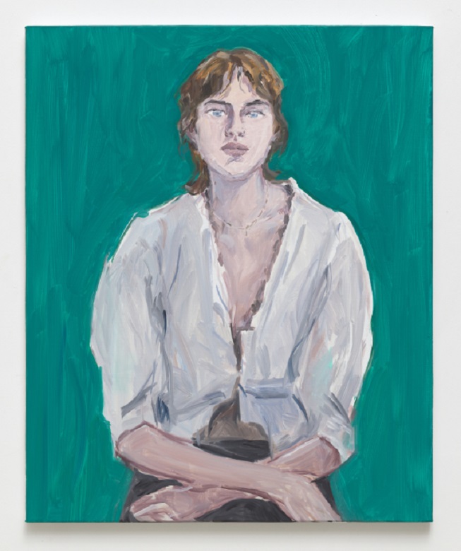 Jean-Philippe Delhomme, Léa in white shirt, 2023. Oil on canvas, wood frame. Framed: 65 x 54 cm | 25 9/16 x 21 1/4 inch. Courtesy of the artist and Perrotin.