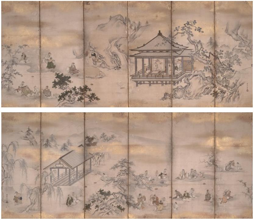狩野安信筆「蘭亭曲水図屏風」　江戸時代（17世紀）

