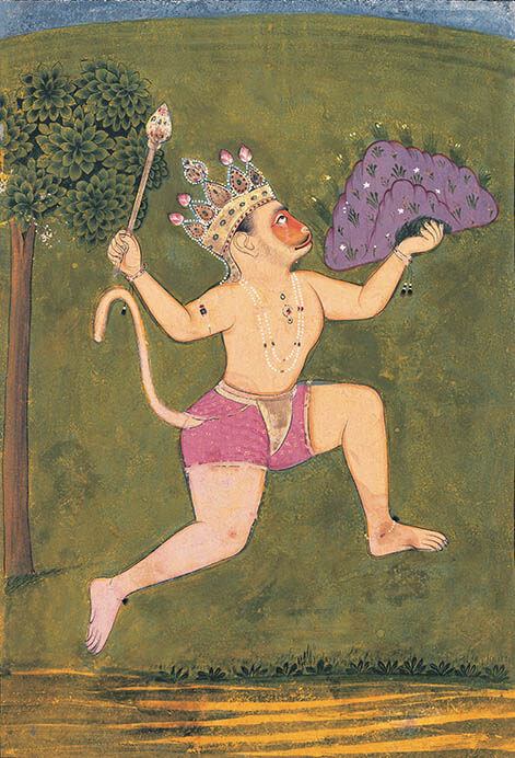 《ヒマラヤの薬草山を持ち帰る猿の国の戦士ハヌマーン》
ラージプト絵画　1710-20年