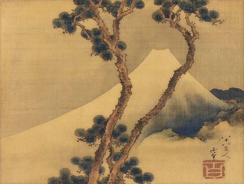 葛飾北斎　松に富士図　1847（弘化4）年　絹本着色　一幅　28.7 × 37.6

