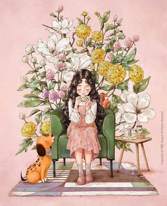 「꽃 담은 차 한 잔（花をたたえたお茶一 杯）」 ジクレー版画 30 × 20 cm