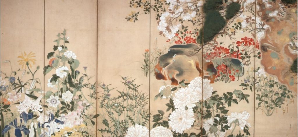 四季花木図屏風（右隻） 渡辺始興　江戸時代　重要美術品　畠山記念館蔵