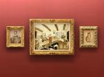 軽井沢安東美術館　展示室5 （中央）《猫の教室》1949年　油彩・キャンバス、（左）《パリの屋根の前の少女と猫》1955年　油彩・キャンバス、（右）《正面を向く猫》1930年　油彩・キャンバス