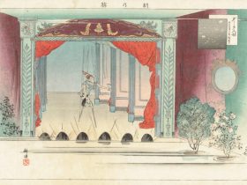「ダーク人形座舞台 月岡耕漁画」1894年 日本最初の西洋人形劇を描いた錦絵（人形劇の図書館 蔵）