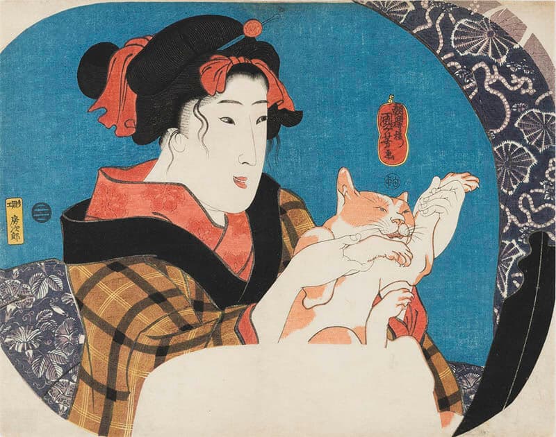 歌川国芳 《鏡面シリーズ　猫と遊ぶ娘》 弘化2年（1845）頃