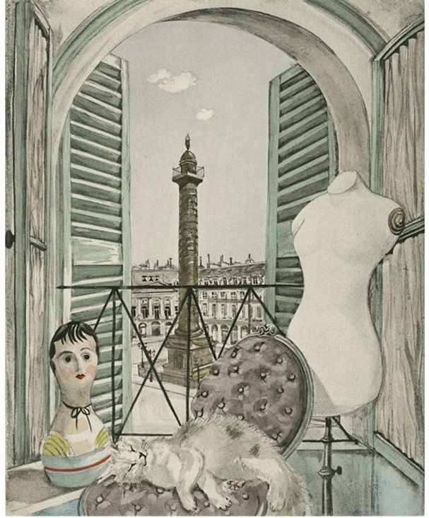レオナール・フジタ 「魅せられし河 ヴァンドーム広場」エッチング・手彩色、29×23.5cm、1951年