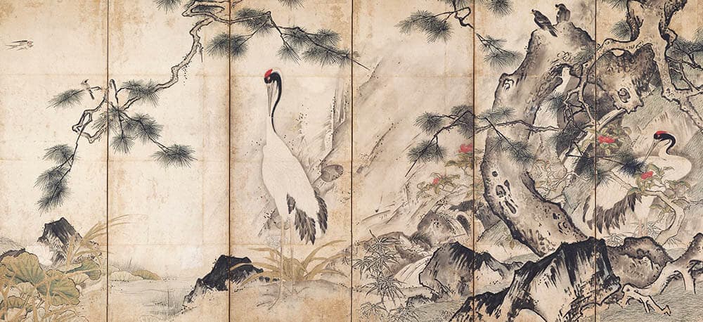 重要文化財　四季花鳥図屏風（右隻）　雪舟筆　京都国立博物館蔵　室町時代（15世紀）　通期展示

