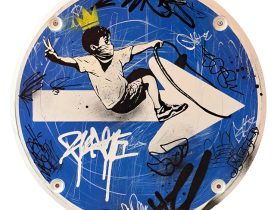 RIDE/Road Sign Graffiti stencil/spray,marker on steel plate 径60cm 額装