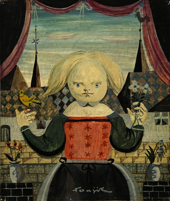 レオナール・フジタ 「小鳥と少女」 油彩、ボード 22×18.4cm